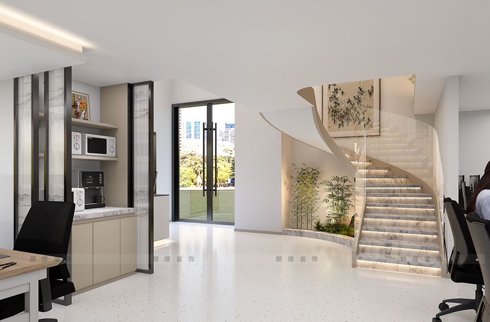 辦公室一層辦公茶水臺(tái)區(qū)域裝修效果圖